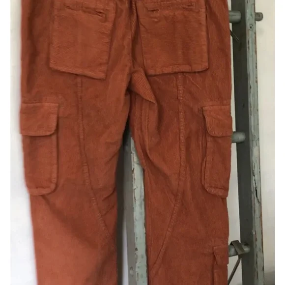 Free People Tahiti Cord Cargo Pants Utility Pockets Smocked Waist Cord Tie Rust - Picture 5 of 7